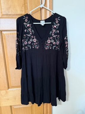 Blue Rain Black Long Sleeve Dress with Pink Floral Embroidery